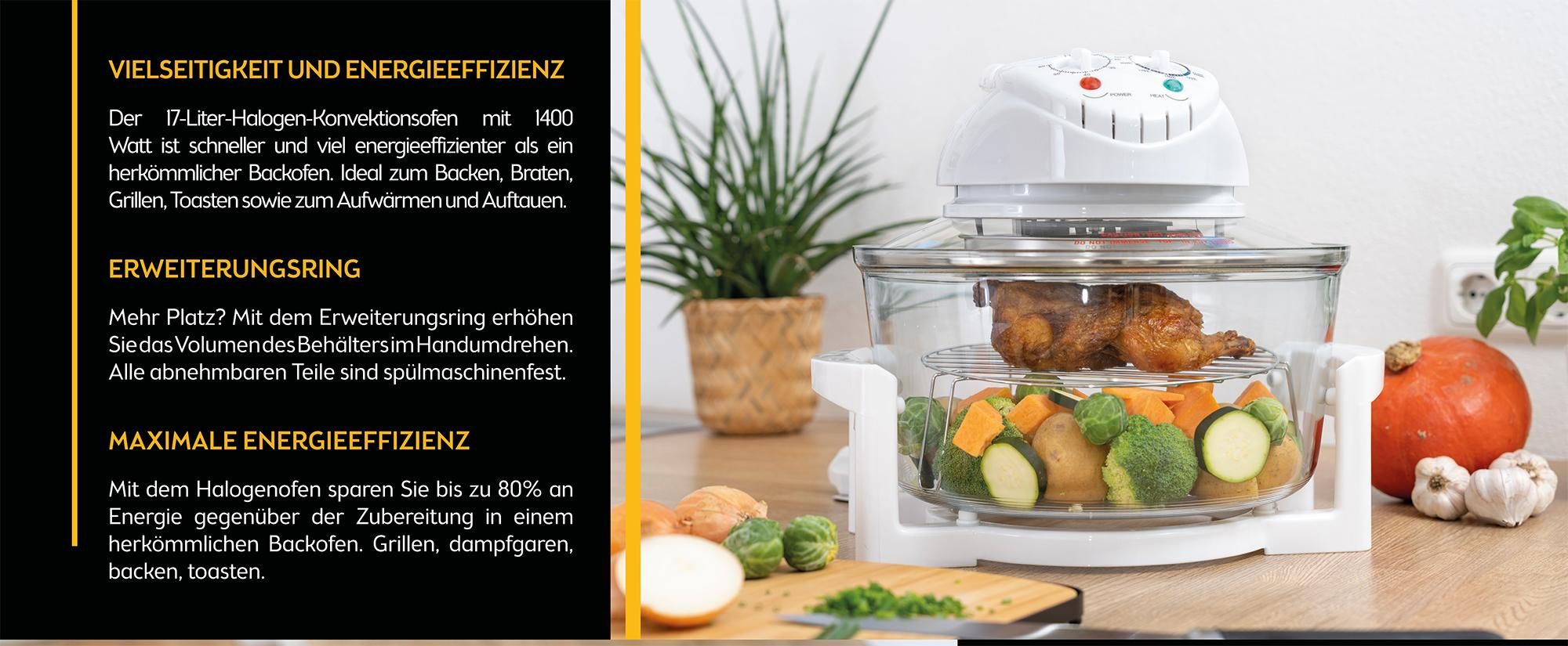 TZS First Austria - Halogenofen 1200-1400W aus Glas & Edelstahl - Minibackofen mit Umluftfunktion & Zubehör, Temperaturbereich: 65-250°C - Halogen Ofen Mini Backofen 12-17L Kapazität & 60 Min. Timer