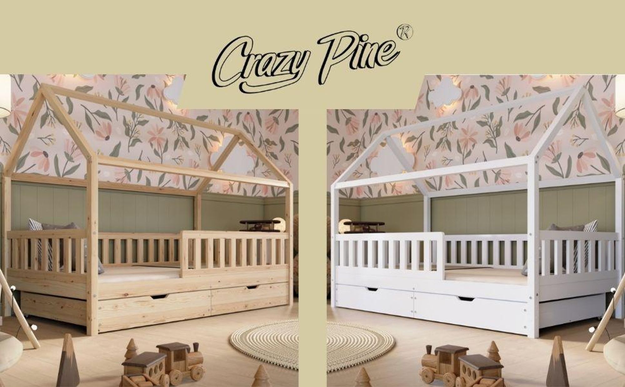 Crazy Pine Letto a Casetta Bianco con Cassetto 90x190 cm – Letto Montessori da Pavimento in Legno – Contenitore Integrato – Crazy Blanco