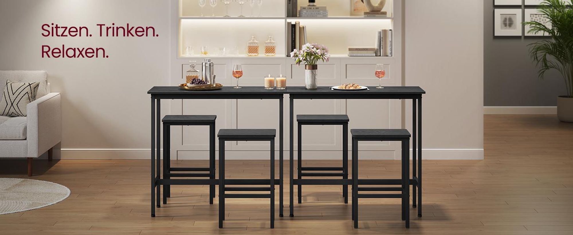 Bartisch mit Barhocker Set, Essgruppe, Stehtisch mit 2 Stühlen, Stahlgestell, Industrie-Design, ebenholzschwarz-tintenschwarz