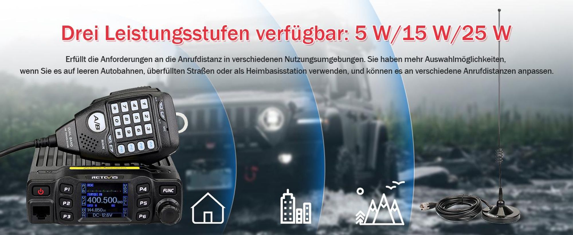 Retevis RT95 Amateurfunk Transceiver mit Dual Band Antenne, Mini Mobilfunk Transceiver mit Drehbarem LCD Dual Display, 200 Kanäle, SL16/PL259 Mobile Autoantenne
