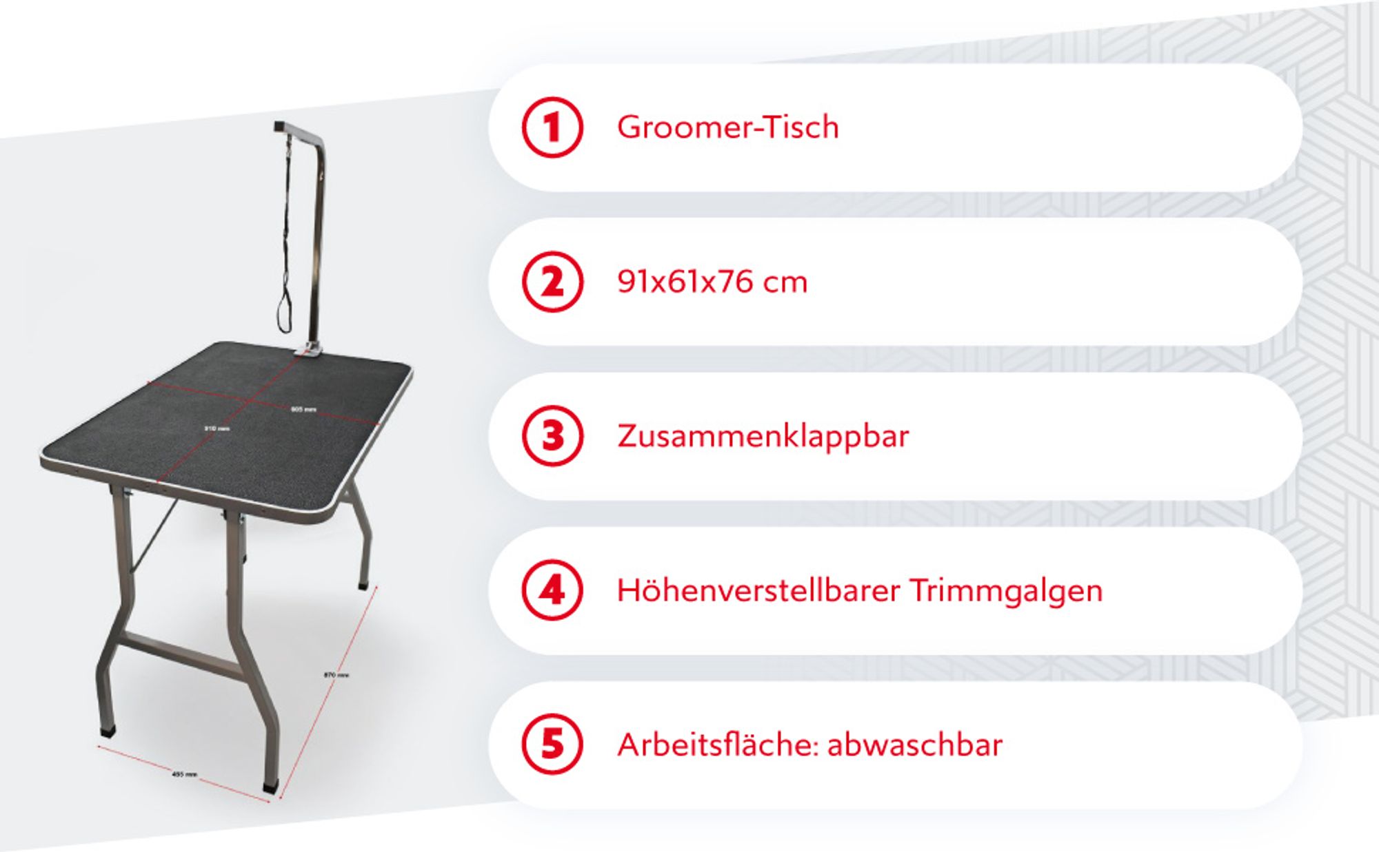 Wiltec Schertisch für Hund und Katze, 91x61x76 cm, Trimmtisch zusammenklappbar, Groomer Tisch mit Galgen, höhenverstellbar, Pflegetisch für Tiere
