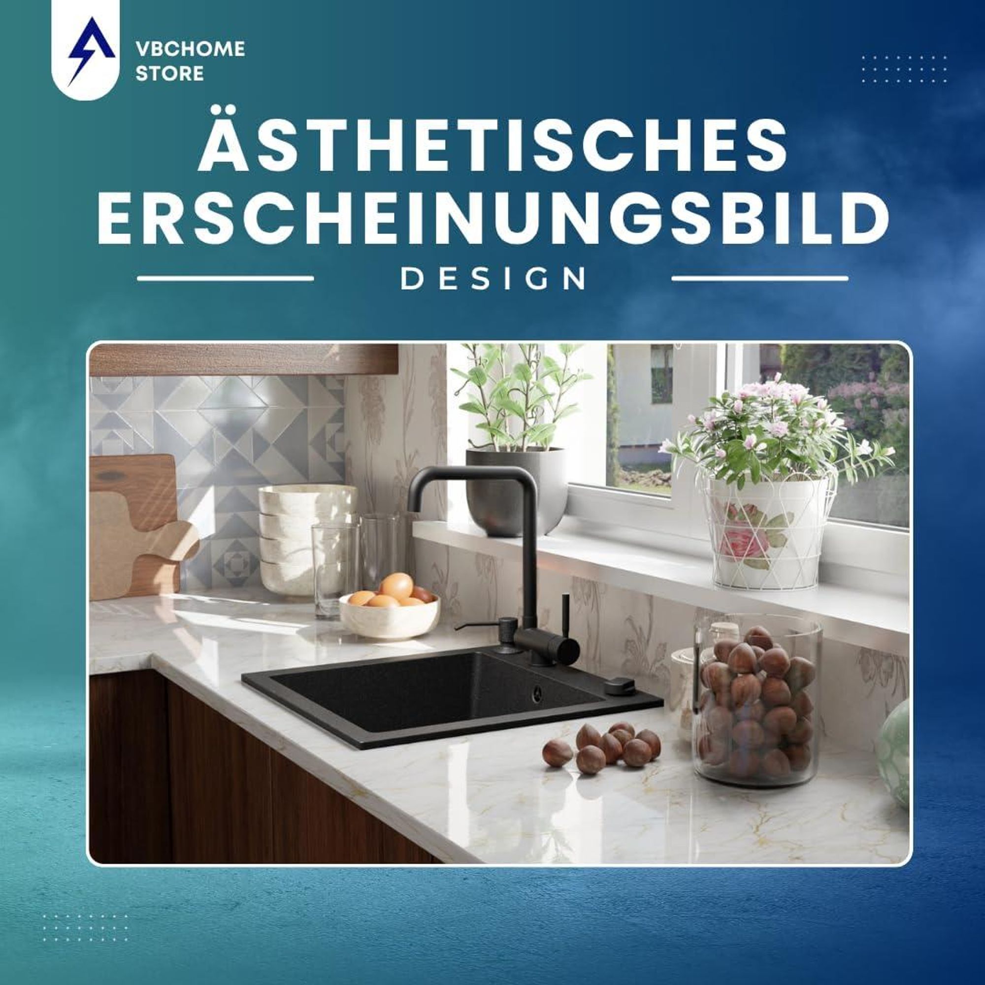 VBChome Granitspüle 50 x 48 cm Schwarz mit Armatur Einzelbecken Einbauspüle Gesprenkelt Pflegeleichtes Spülbecken mit Siphon Ideal für kleine Küchen