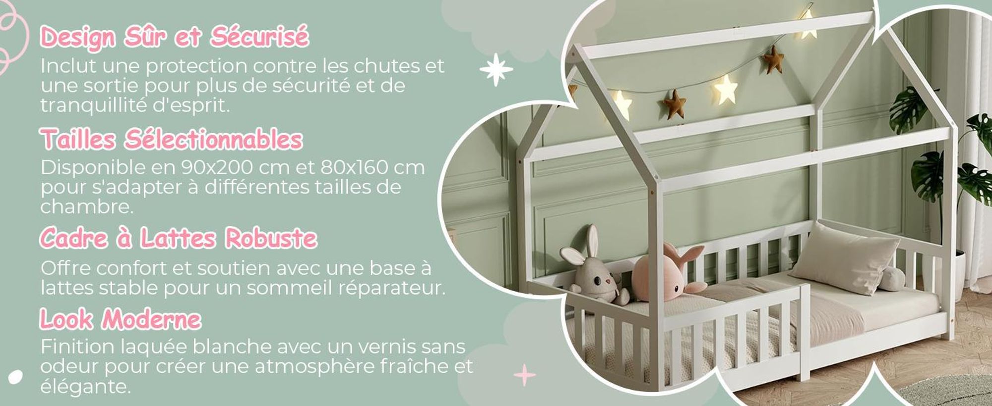 Lit pour Enfant, avec Protection Anti-Chute et sommier à Lattes 80x160 cm Naturel pour Enfant
