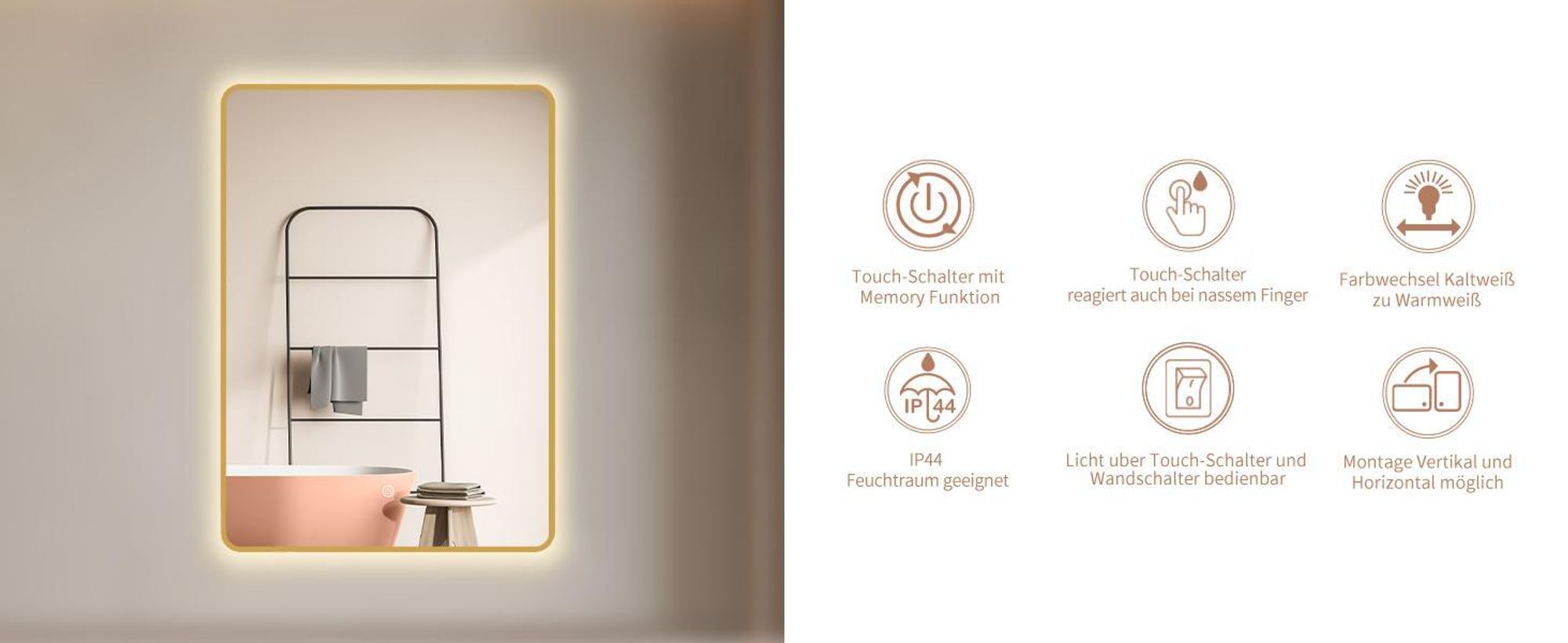 HOKO Badspiegel 70x100cm mit Rahmen+Touch Schalter+Licht Wechsel Warmweiß-Kaltweiß-Neutral. Licht mit Touch Schalter und mit Wandschalter einschaltbar