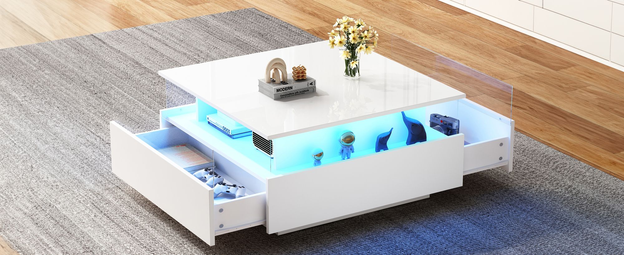 okwish Hochglanz-LED-Couchtisch Quadratischer Couchtisch 70*70*41cm mit 2 Schubladen und transparentem Präsentationsbereich,Belastbar bis 30 kg, Weiß