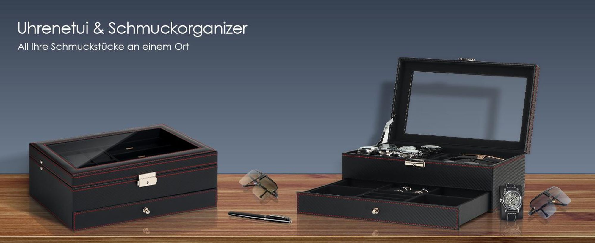 Uhrenbox, Uhrenkasten mit Glasdeckel, Uhrenkoffer mit Schloss, Uhren- und Brillen-Organizer, Schmuckkasten für Herren, Vatertagsgeschenk