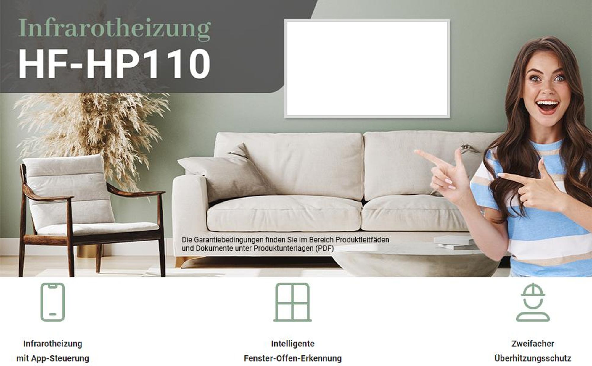 Heidenfeld Infrarotheizung HF-HP110 | Bis 16 m² - mit App - Fernbedienung - Wand- und Deckenheizung - Heizkörper - Flachheizung - Infrarot (600 Watt)