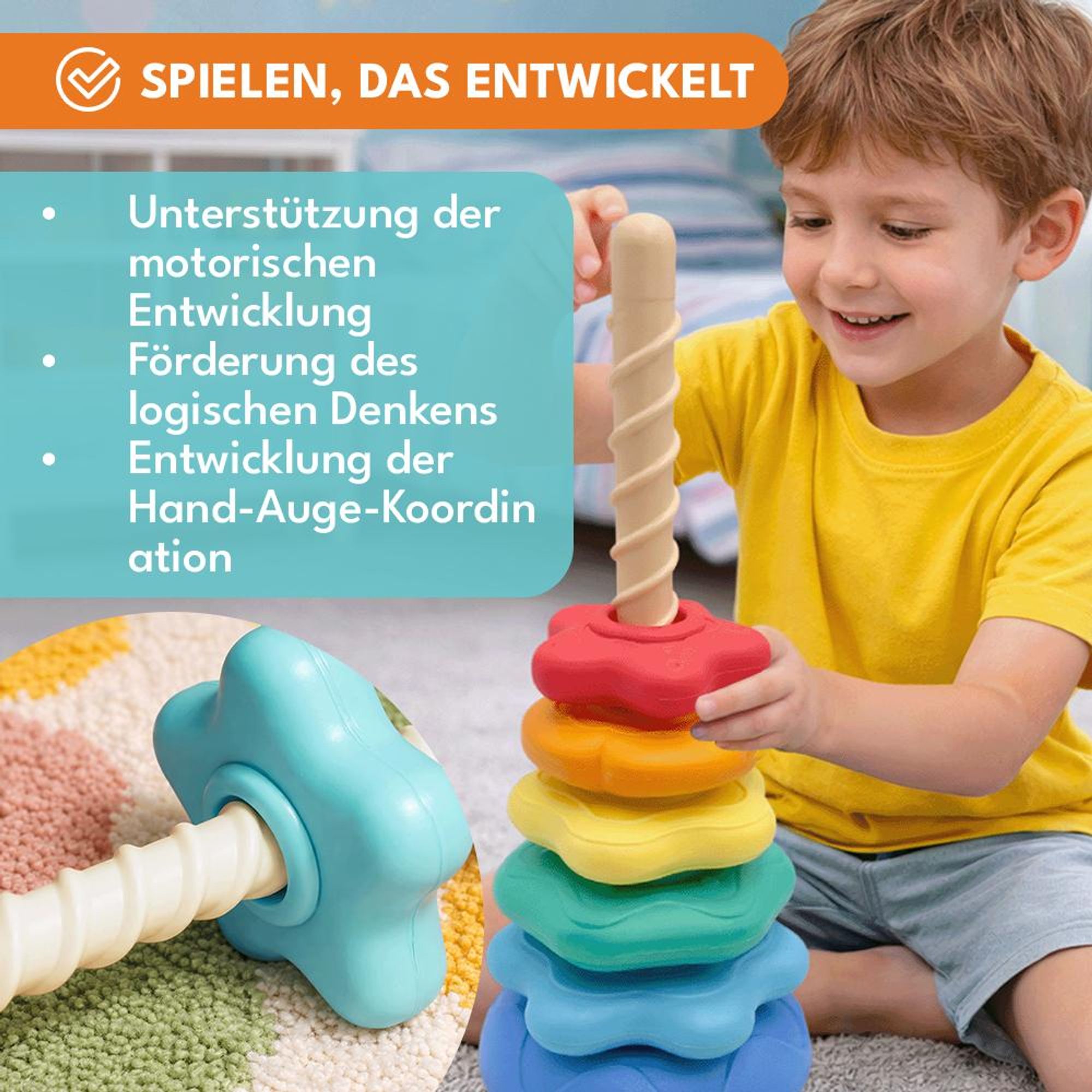 KRUMAD Stapelturm Kinder, Steckspiel mit Ringen, Lernspielzeug ab 3 Jahre, Montessori Stapelspiel, Farben & Formen lernen, Motorikspielzeug Baby