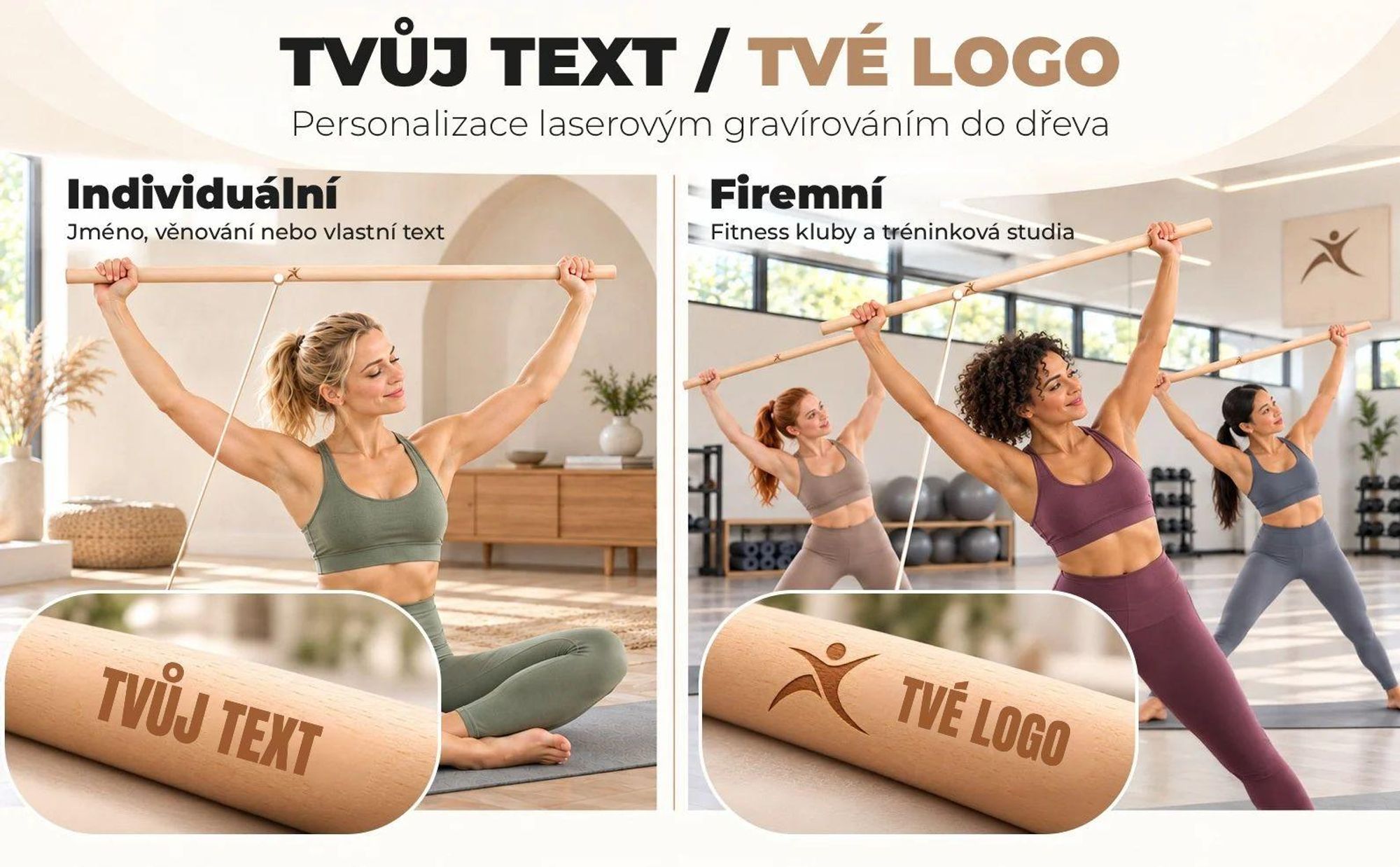 MOE UHANE® Dřevěná gymnastická tyč 100 cm na cvičení, jógu, fitness, mobilitu a rovnováhu, protahovací hůl pro děti a dospělé, přírodní dřevo