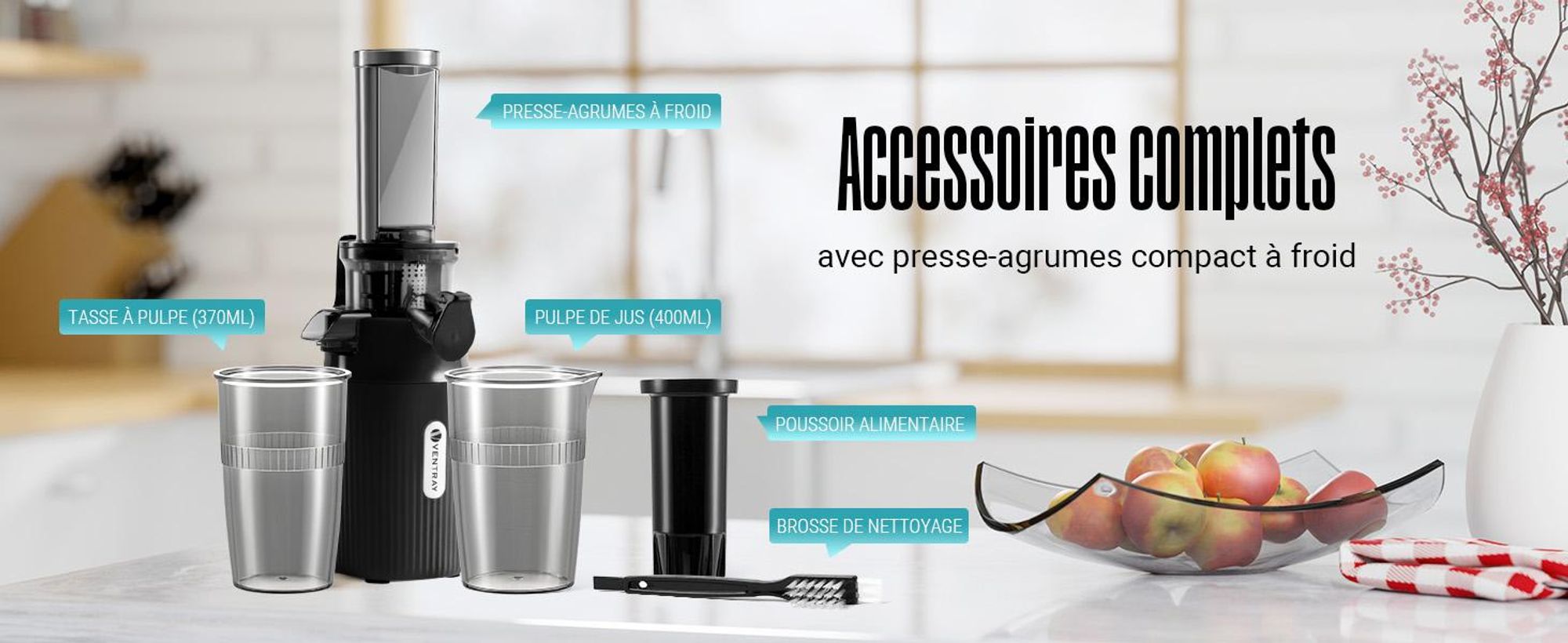 Ventray Essential Ginnie - Centrifugeuse à pression à froid, Slow Juicer Compact & Silencieux (60 tr/min, ouverture de remplissage de 45mm), sans BPA, 400ml, Nettoyage facile