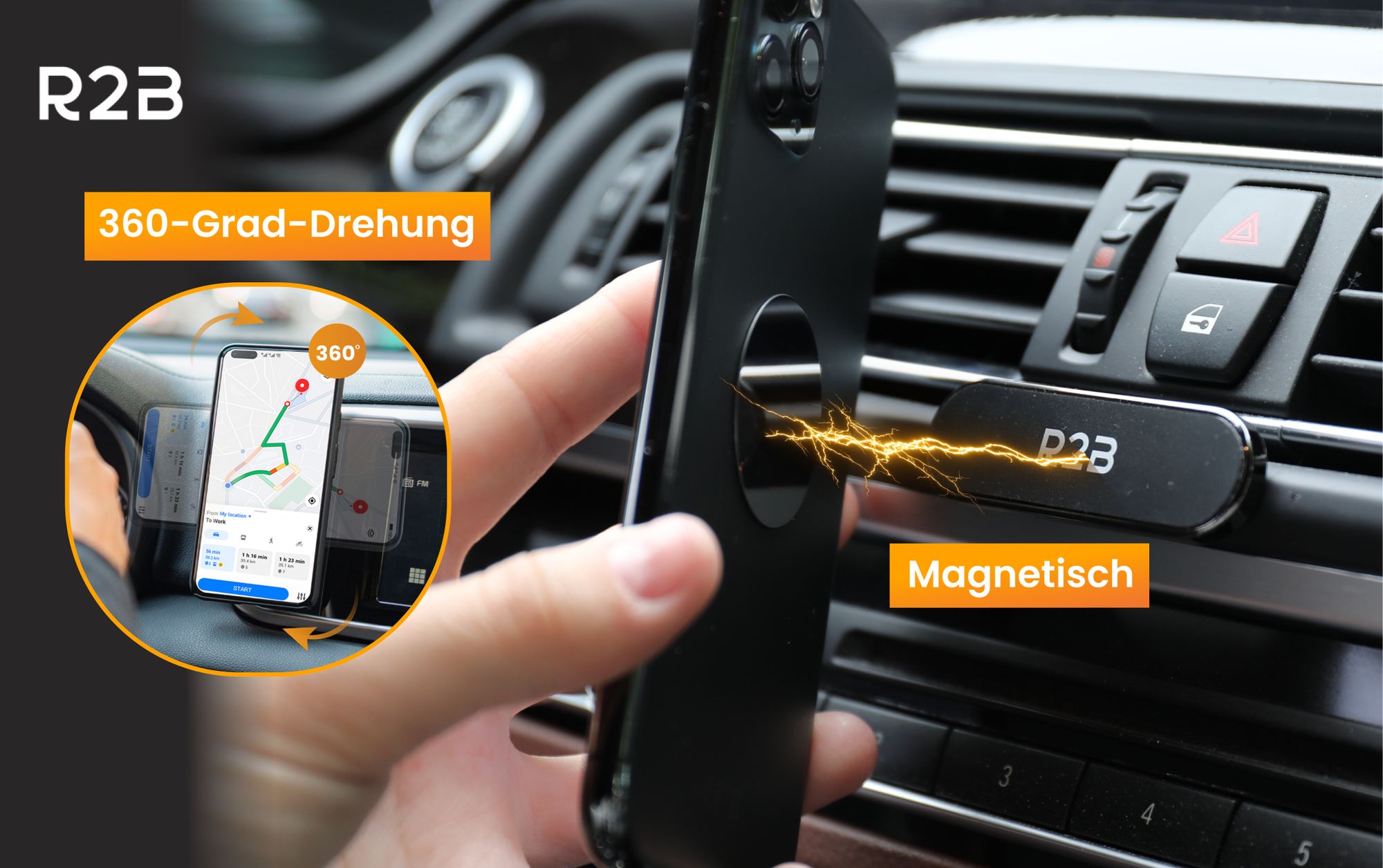 R2B Handy Halterung Auto Magnet - Magnetische Handyhalterung Auto, Mit zwei starken Magnetplättchen, Für Armaturenbrett, KFZ-Halterung