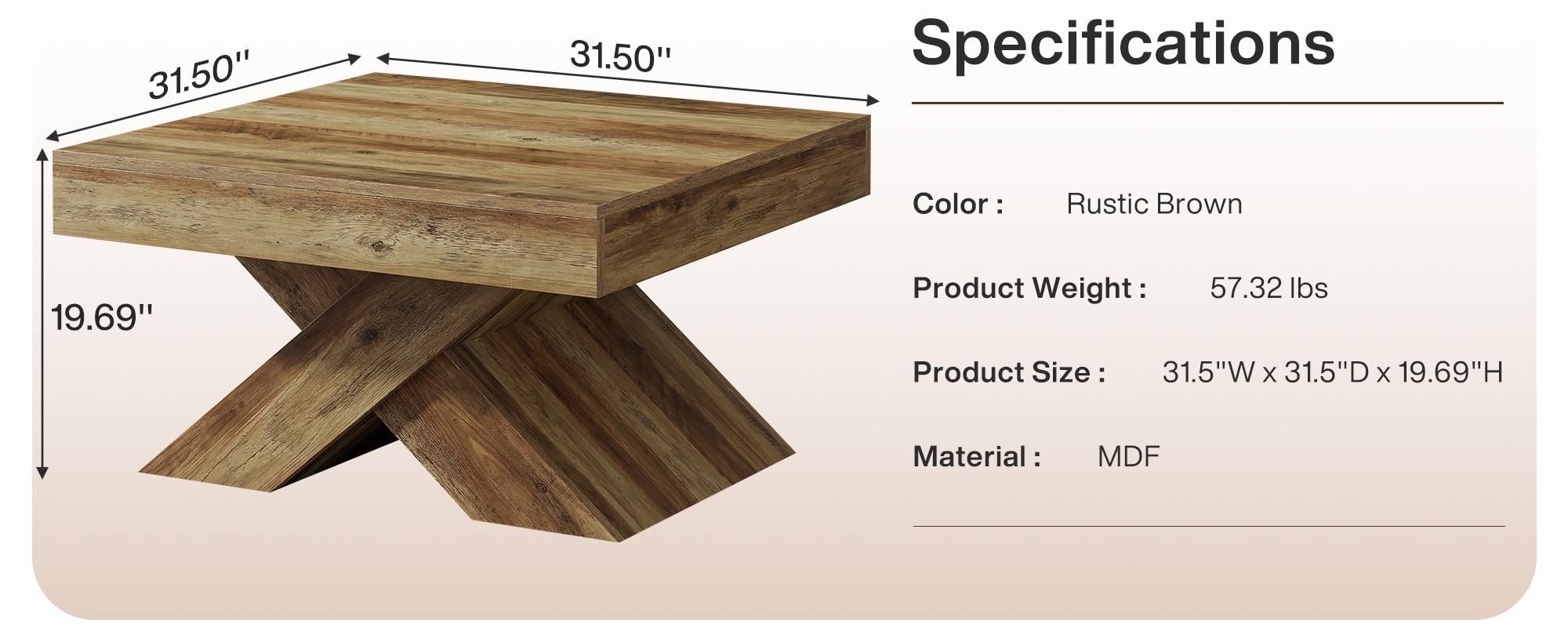 Tribesigns Quadratischer Couchtisch, 80 cm Couchtisch im Landhausstil aus Holz mit X-Gestell für das Wohnzimmer, Beistelltisch für kleine Räume