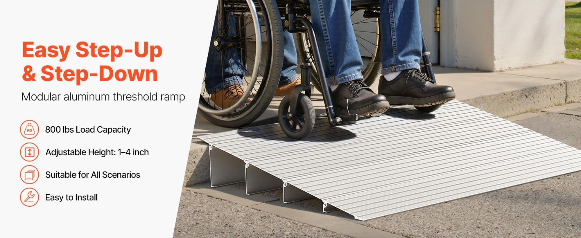 VEVOR Türschwellenrampe, 5 cm Erhöhung, 363 kg Tragfähigkeit, Türrampe für Rollstühle, Aluminium-Türschwellenrampe für Türöffnungen, verstellbare modulare Türschwellenrampe für Rollstühle, Scooter, Elektrorollstühle, 10 cm