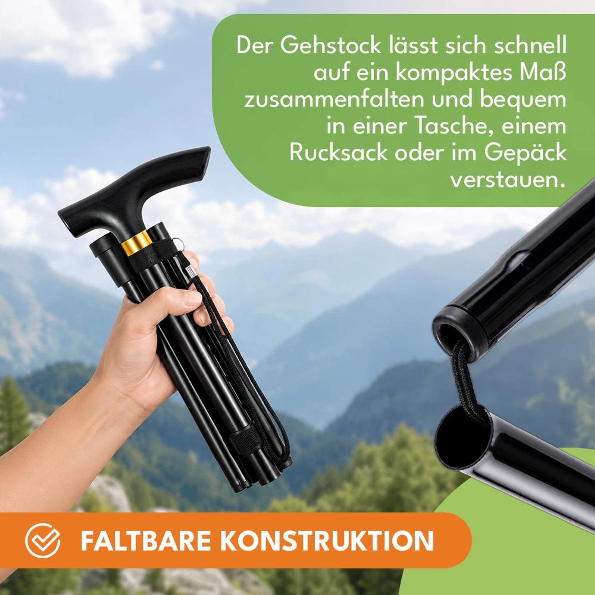 KRUMAD Gehstock klappbar höhenverstellbar 82–92 cm, Teleskop Gehstock für Senioren, faltbare Gehhilfe mit rutschfestem Stand, Schwarz