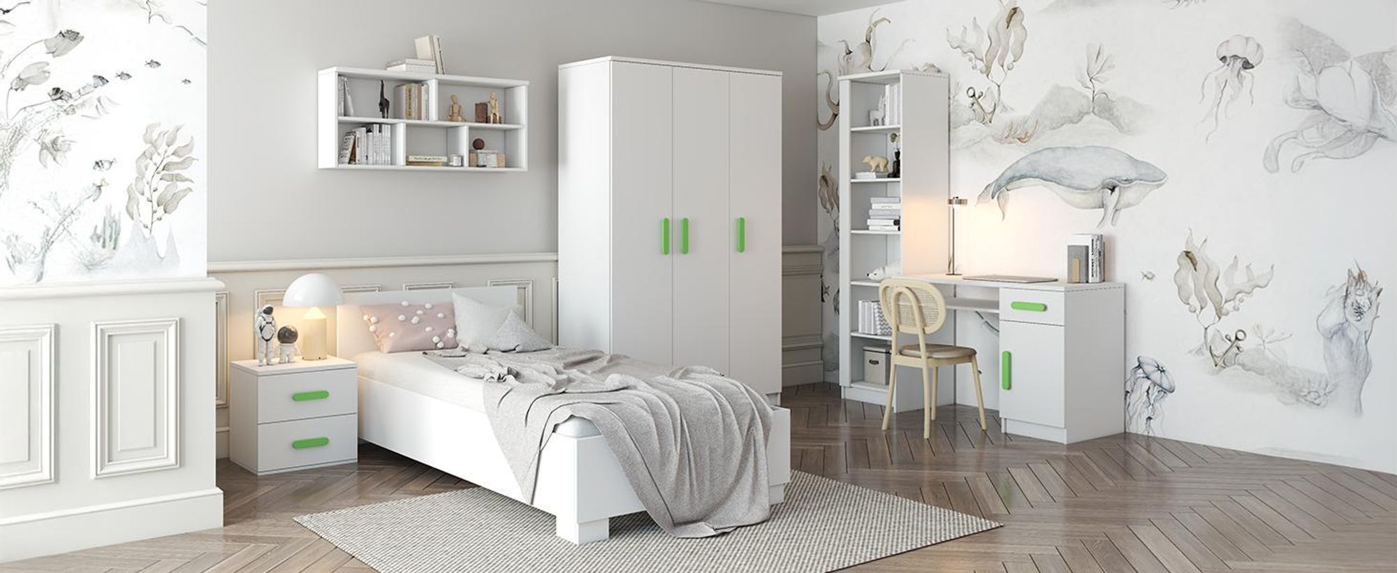 Drehtürenschrank, Kinderkleiderschrank 120 cm Weiß/Weiß, rosane Griffe JONAS I 19