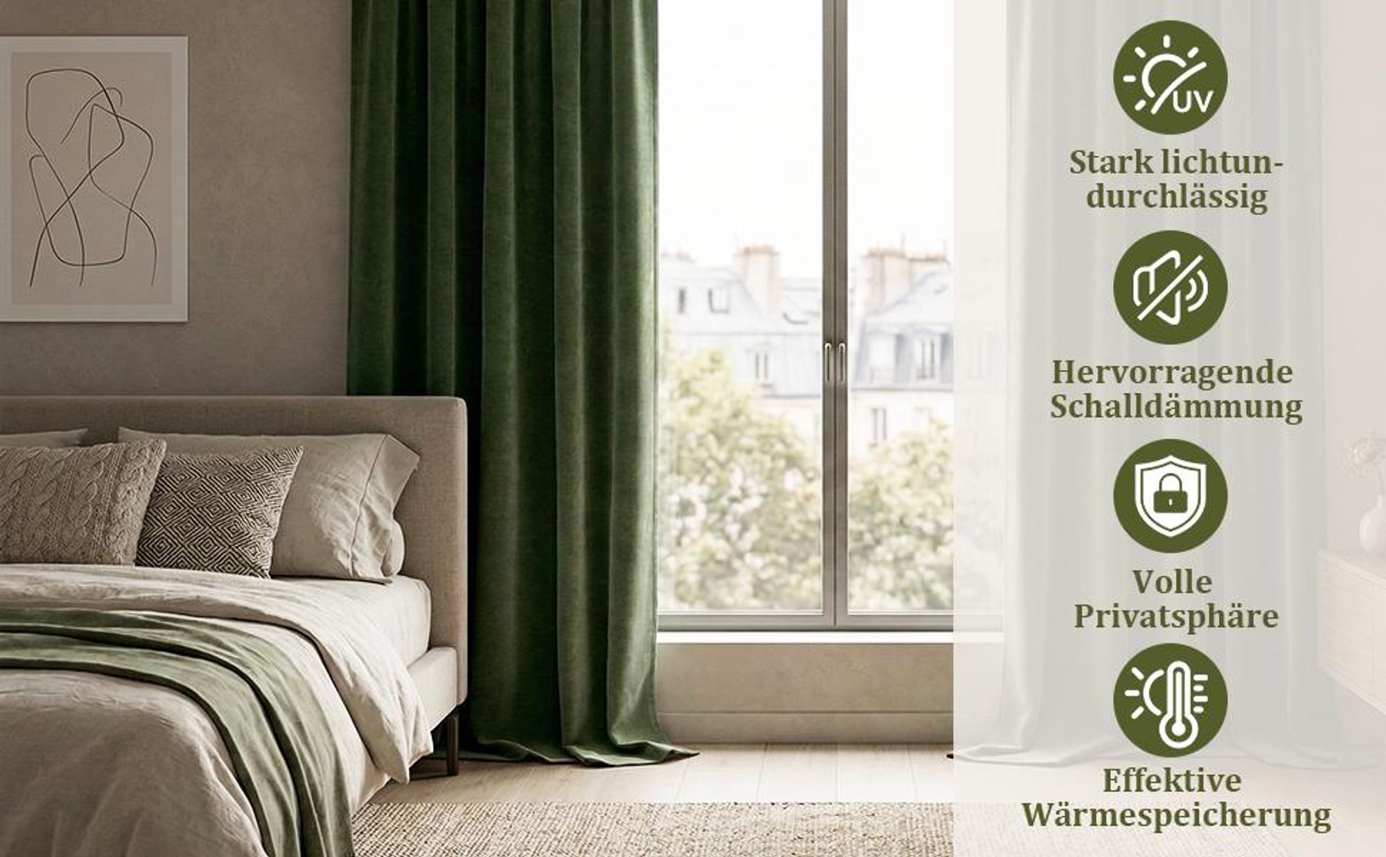 Chenille Vorhänge Grün 2er Set Blickdicht 98% - 510GSM Thermovorhang mit Multifunktionsband Kräuselband 132x214cm Verdunkelung Samtvorhänge für Wohnzimmer Schlafzimmer