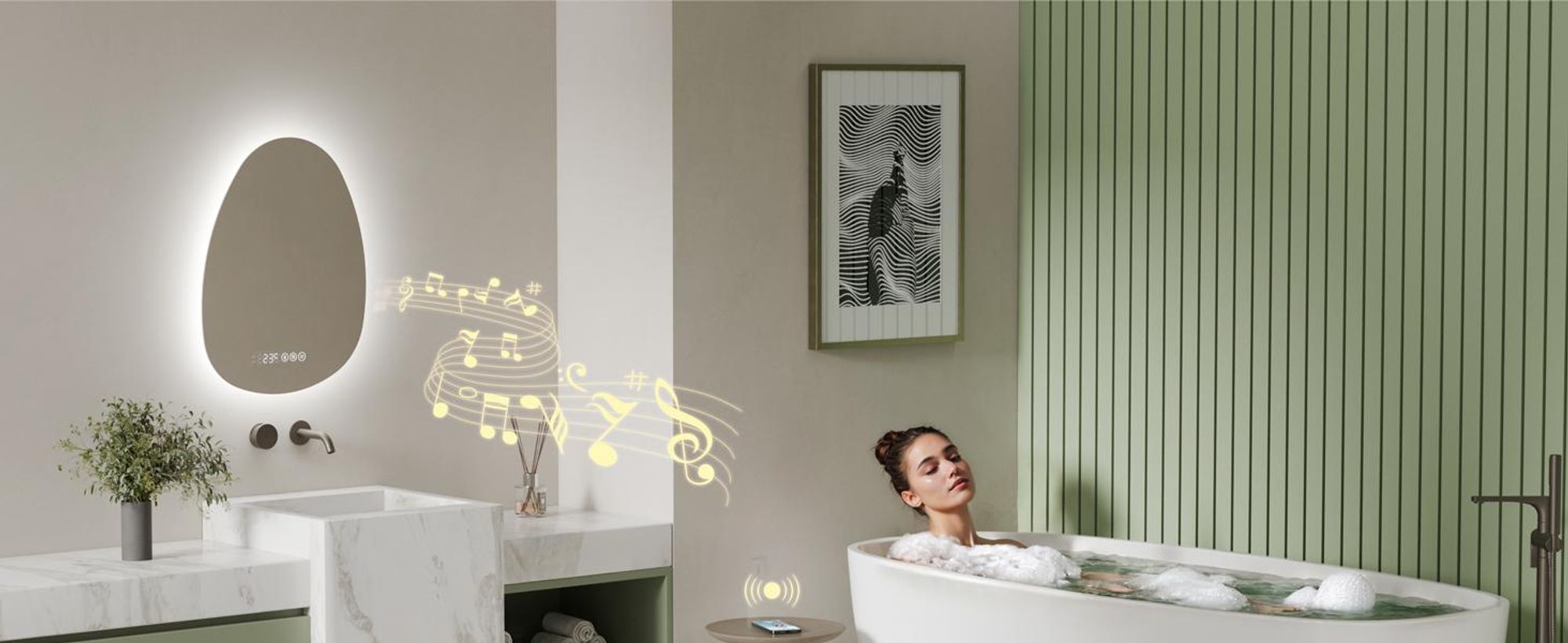 S'AFIELINA Miroir de salle de bain 75 x 55 cm avec éclairage Asymétrique avec 3 couleurs de lumière réglable, antibuée, Bluetooth, horloge, température, fonction mémoire