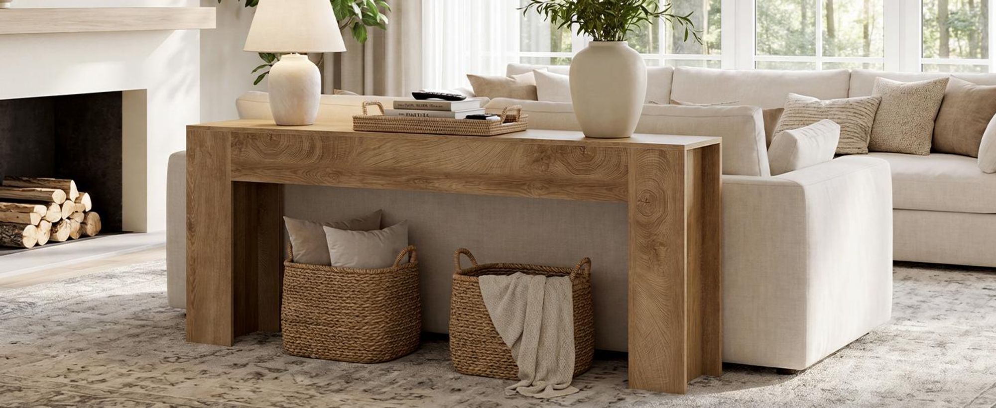 200 cm extra langer Konsolentisch, Sofatisch im Landhausstil hinter dem Sofa, großer Flurtisch für Wohnzimmer und Eingangsbereich, Eiche