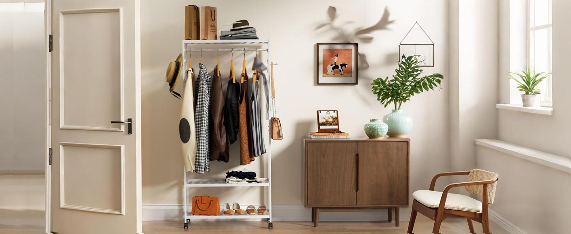 WISFOR Rollgarderobe Kleiderständer Holz mit Kleiderstange und Ablagen, Garderobenständer Rollbar Garderobe Ständer mit Haken und Schuhregal