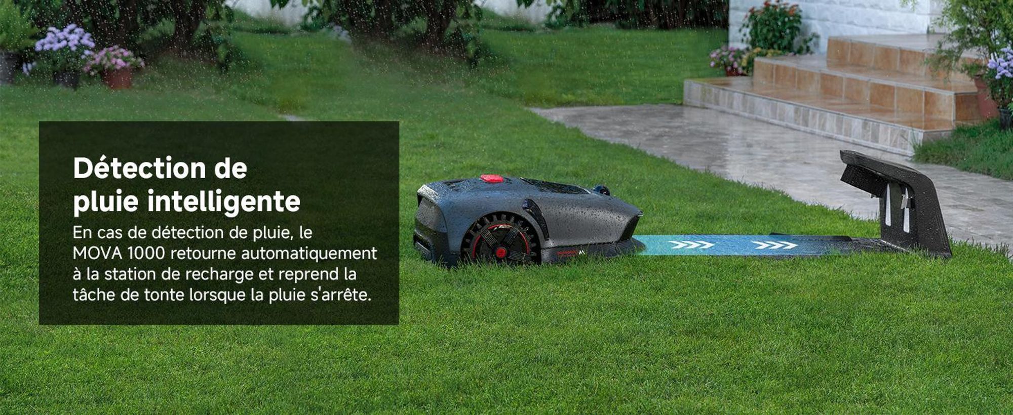 MOVA 1000 Robot Tondeuse 3D-LiDAR jusqu'à 1000 m², installation sans fil, évitement intelligent, App contrôle, roues tout-terrain, coupe en U