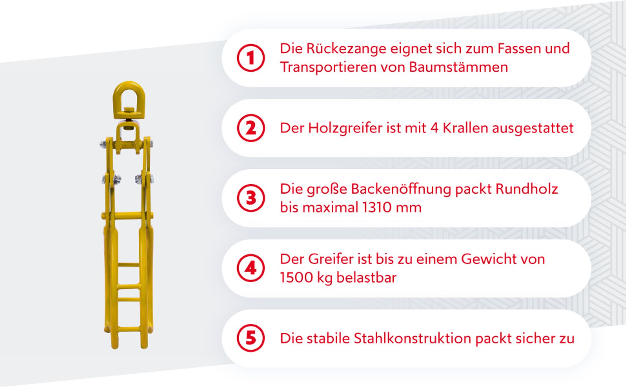 Wiltec Forstzange für Baumstämme bis 1310 mm, 1500 kg Zugkraft, Holzzange Hebezange Packzange mit 4 Klemmdornen