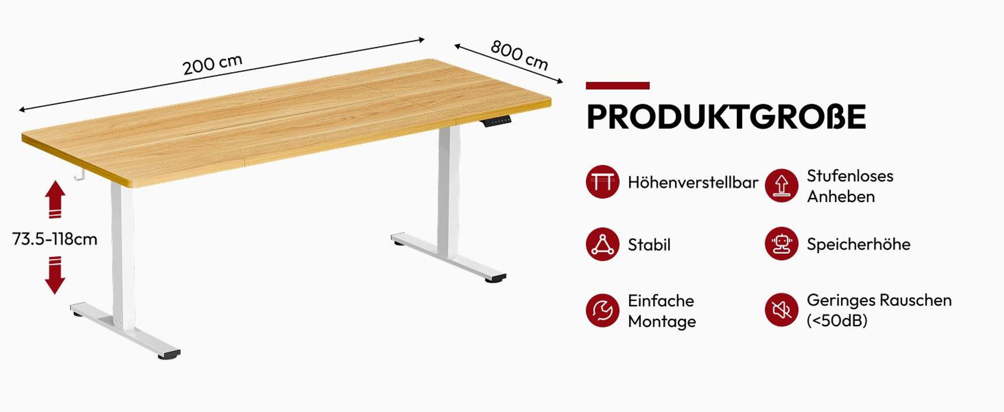 SANODESK Höhenverstellbarer Schreibtisch 200x80cm elektrisch 4 Memory-Funktion, Antikollisionsschutz, 70kg Tragkraft, mit Haken und Ablagebox (Ahorn)