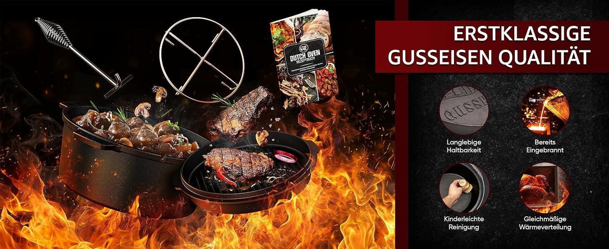 Dutch Oven Set mit Zubehör & Flammen – langlebig, eingebrannt & leicht zu reinigen.