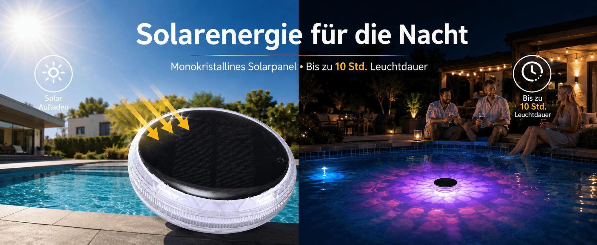 Poolleuchte Solar Schwimmende, wasserdicht IP67, 9 Farben RGB, 3 Helligkeitsstufen, 10H Laufzeit, Fernbedienung, Timer, Solar LED Pool Licht