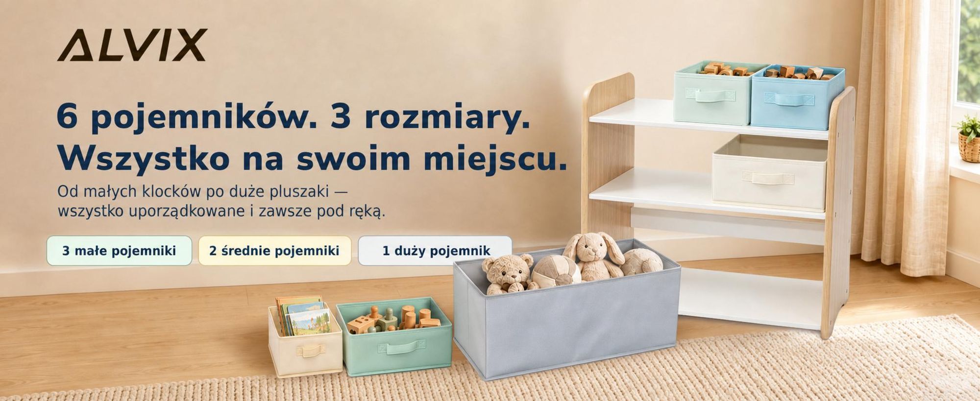 ALVIX Półka na zabawki NESTA 6 z 6 wyjmowanymi pojemnikami, półka dla dzieci, organizer na zabawki wykonany z MDF, półka do pokoju dziecięcego