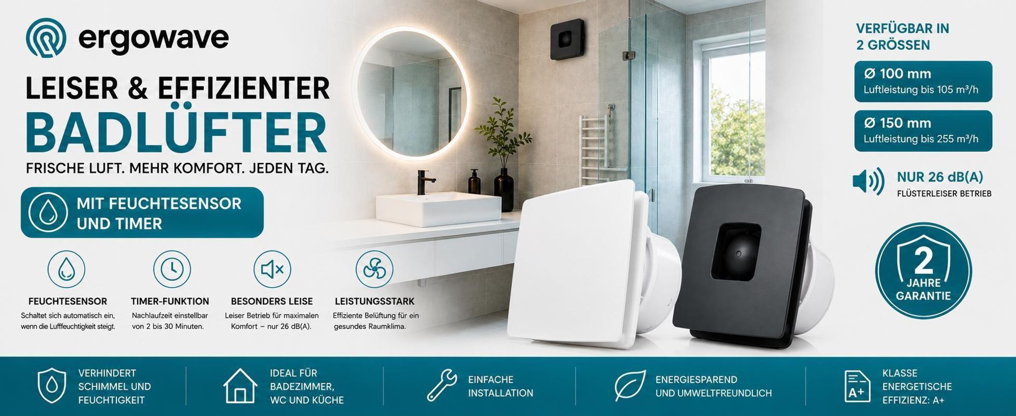 Leiser Badezimmerlüfter mit Feuchtigkeitssensor und Timer ergowave AIR – schwarz