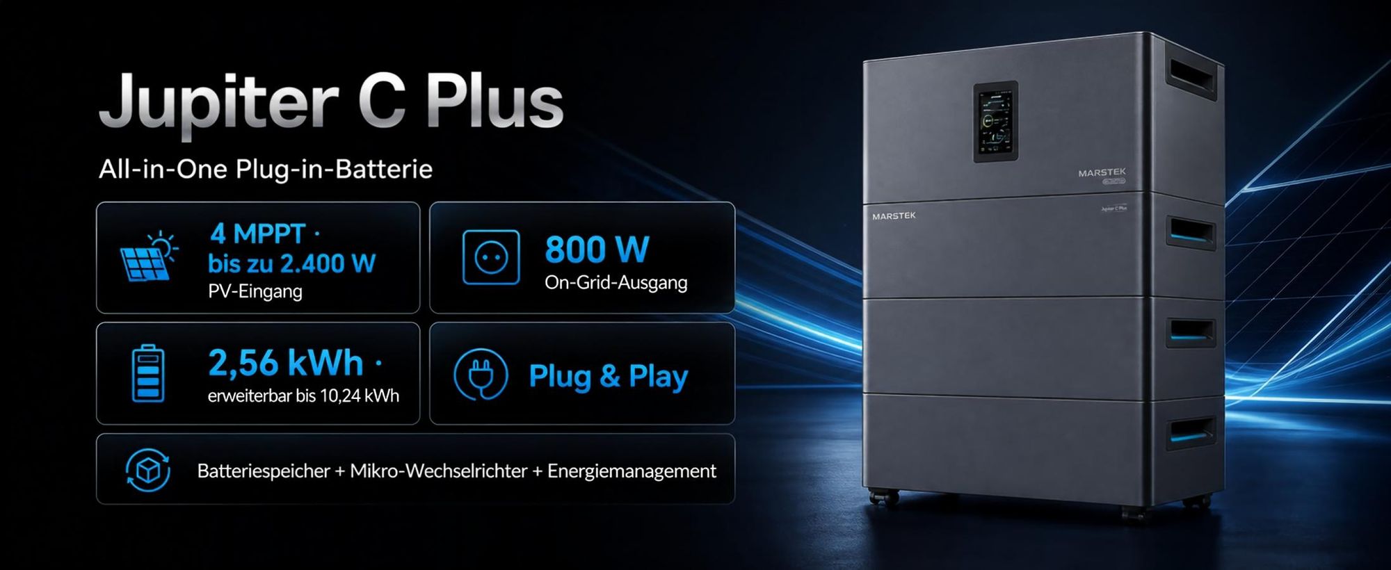 MARSTEK Jupiter C Plus 2,56kWh Balkonkraftwerk Speicher, All-in-One Solarspeicher, Plug-in Batterie, 4 MPPT, IP65