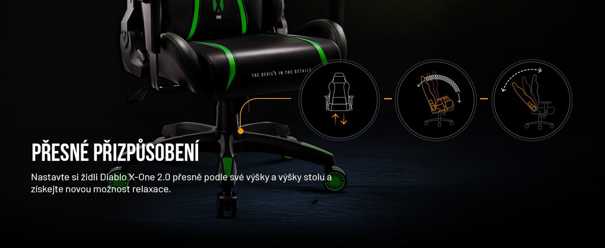 Herní židle Diablo X-One 2.0 Kancelářská židle Nastavitelné područky Ergonomický design Krční/bederní polštář, Barva: Černá-Zelená, Velikost Normal