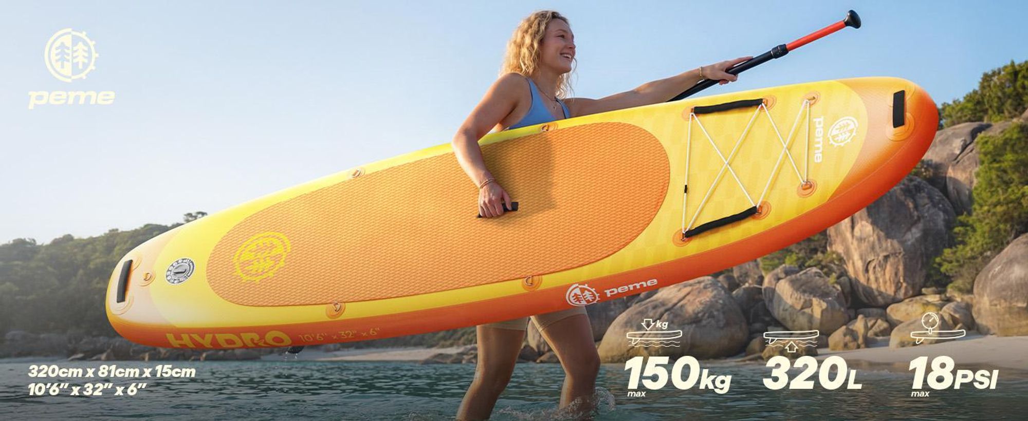 Planche de stand up paddle PEME - Bright Sun - 320 cm - Pagaie double et accessoires complets, SUP, planche de surf gonflable, jusqu'à 150 kg, - Jaune et orange
