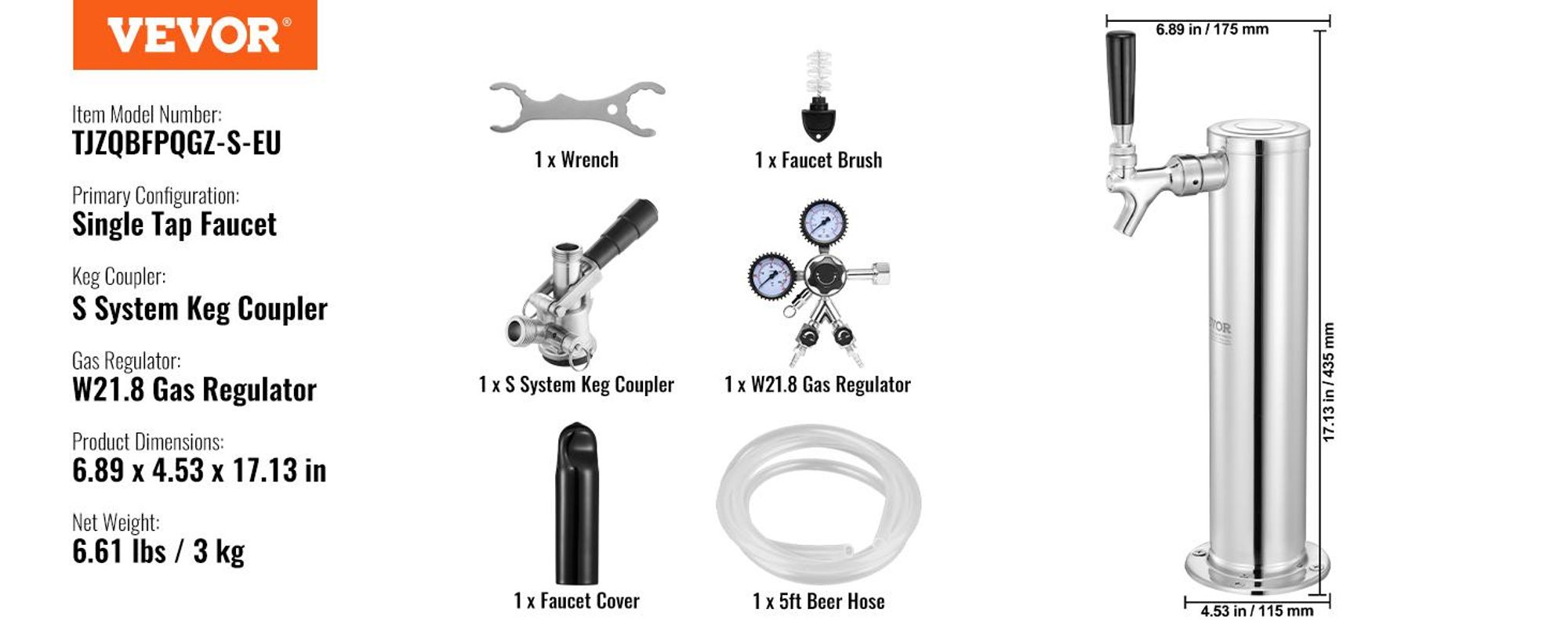 VEVOR Kegerator-Bierturm-Kit, Einzelzapfhahn-Bierumrüstsatz, Edelstahl-Fass-Bierturm-Zapfanlage mit Doppelmessgerät W21.8-Regler und S-System-Fasskupplung für Partys zu Hause