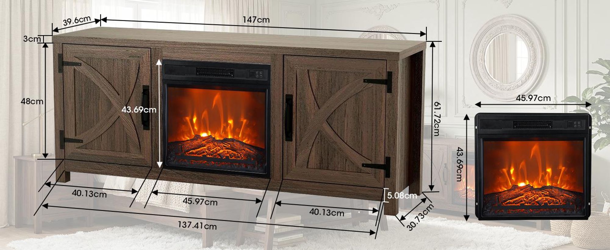 Parrot Uncle TV-Schrank mit Elektrokamin 58" (147cm) | 3-in-1: Media Center + 18" Kamin + XXL Stauraum | Weiß Modern