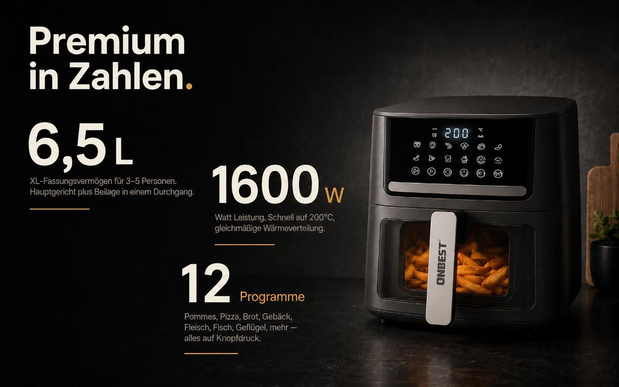 ONBEST Heißluftfritteuse Airfryer AF1665 | mit 100 Backpapier | XXL | 6,5 L | 1600 W | 12 Kochprogramme | Mit Sichtfenster