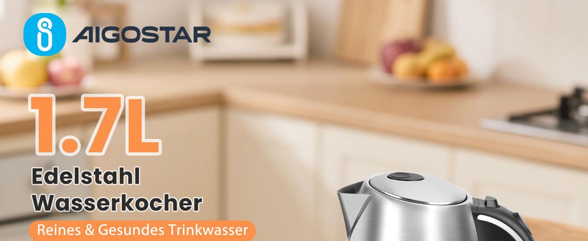 Aigostar - Wasserkocher Edelstahl 1,7L, 2200W, mit Kalkfilter, LED Beleuchtung, Mit Wasserstandsanzeige, Schnelles Kochen, Abschaltautomatik, BPA frei