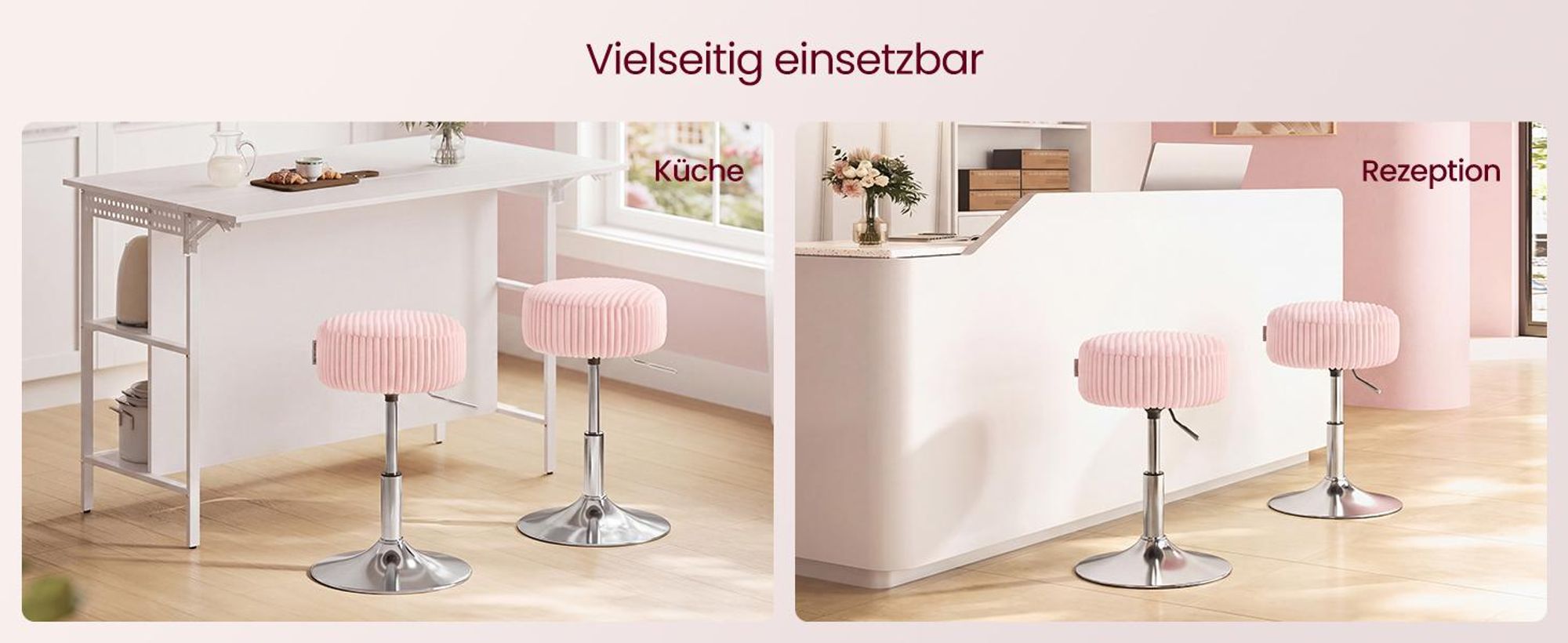 VASAGLE Schminkhocker Höhenverstellbarer Sitzhocker Rund 360° Drehbar ohne Lehne 38,5 x 38,5 x 44-56 cm Rosa