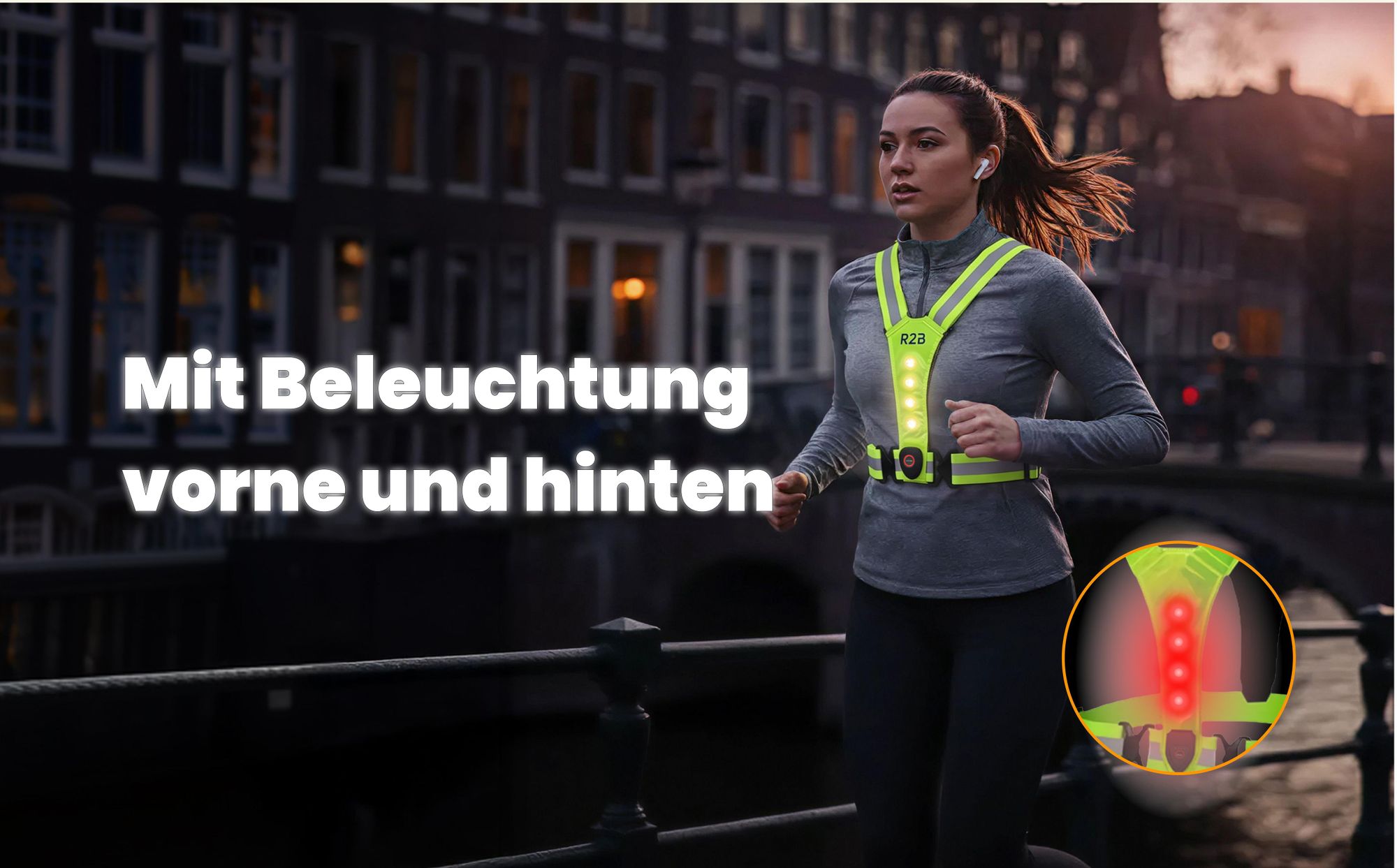 R2B Laufweste mit beleuchtung, Lauflampe Joggen mit 360° Reflektoren, USB-C Wiederaufladbar, wasserdichter LED Running Light - Grau