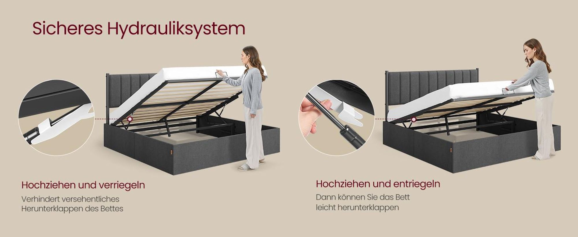 VASAGLE Bettgestell, 180 x 200 cm, hochklappbar Lattenrost, Stauraum unter dem Bett, mit Kopfteil, grau