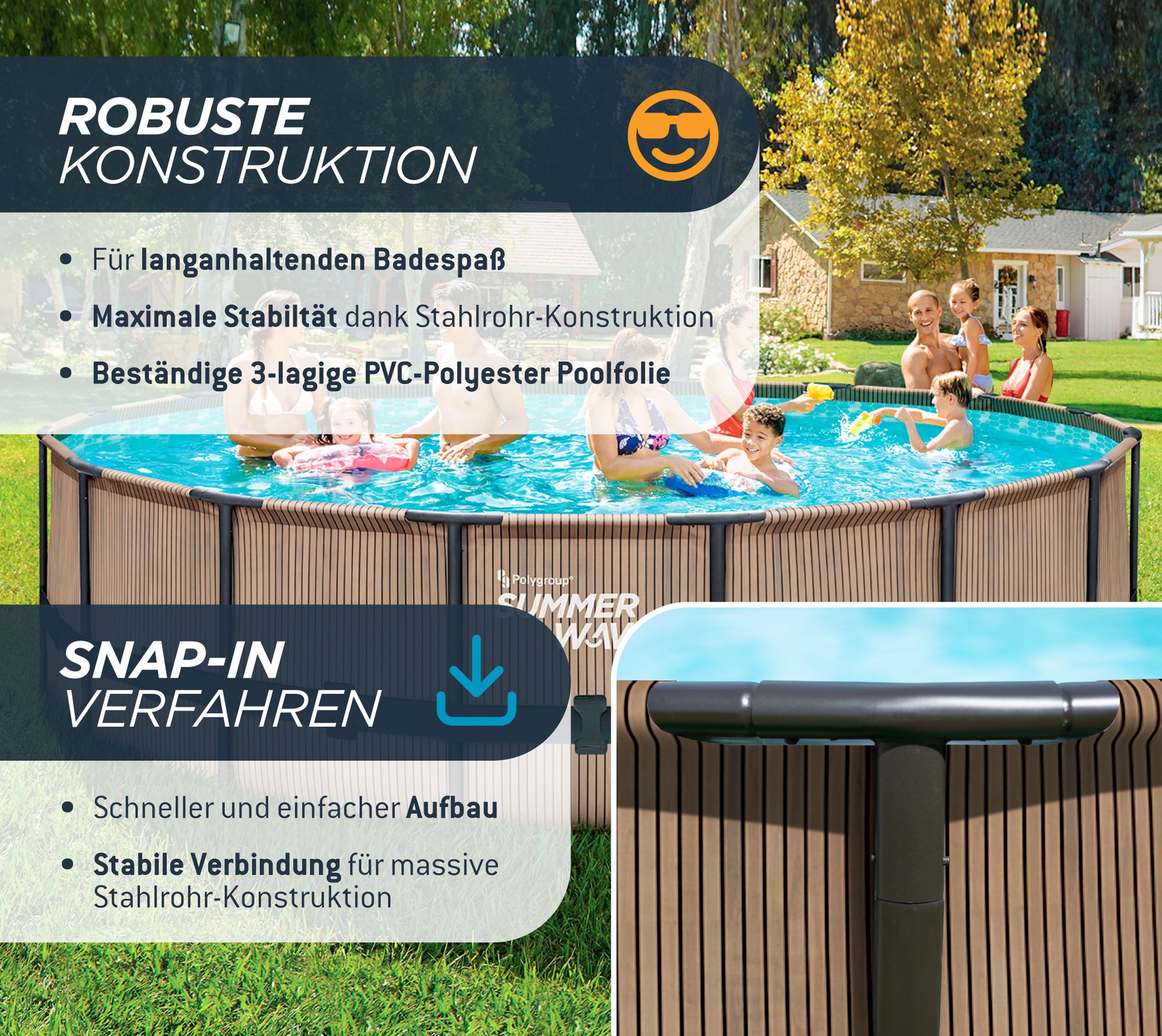 Summer Waves Elite Frame Pool Aufstellpool rund Komplettset Teakoptik braun Ø 488x122 cm