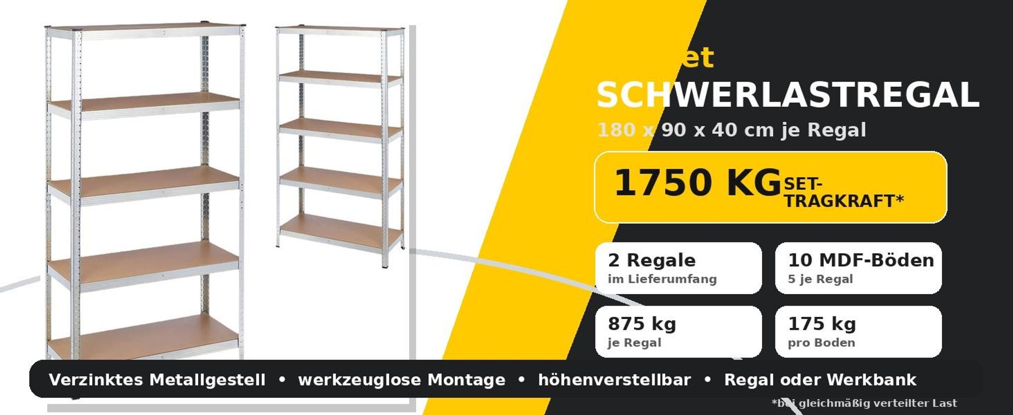 2x Schwerlastregal, Steckregal, Werkstattregal, Lagerregal, 5 MDF-Böden, Kellerregal 180x90x40 cm, Raglast gesamt 875 kg, Metallregal, Retoo