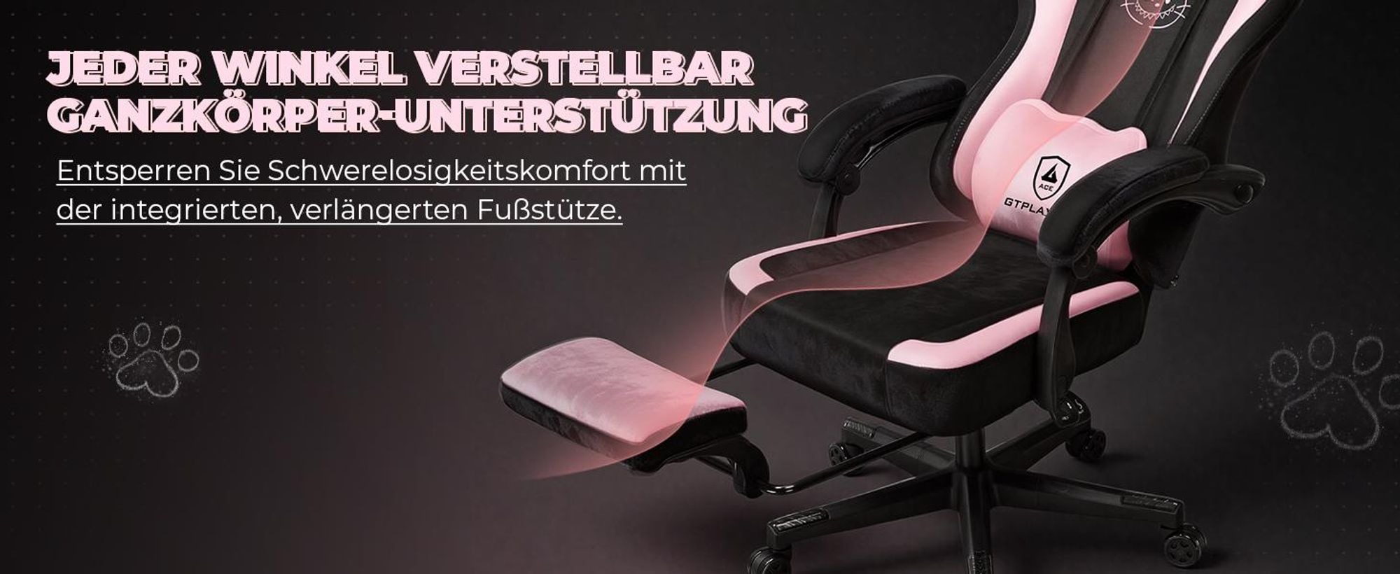 GTPLAYER Niedlicher Gaming Stuhl mit Samtstoff, Gaming Chair, ergonomischer Bürostuhl Gamer Stuhl mit Katzenohren, Memory-Schaum und Fußstütze, 150kg