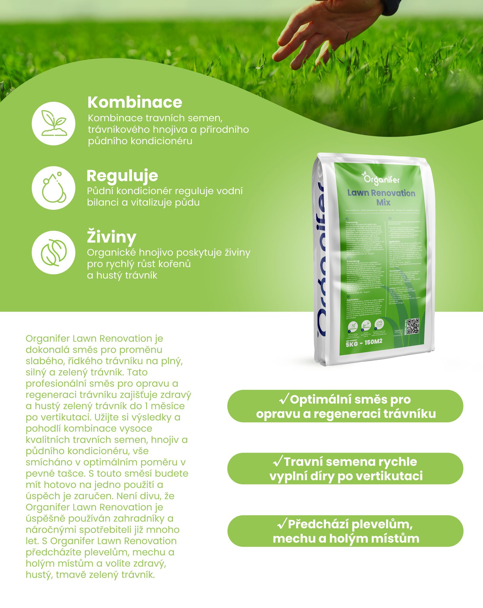Vertikutační směs – Travní semeno – Hnojivo – Půdní kondicionér (10 kg – pro 300 m2) - Organifer