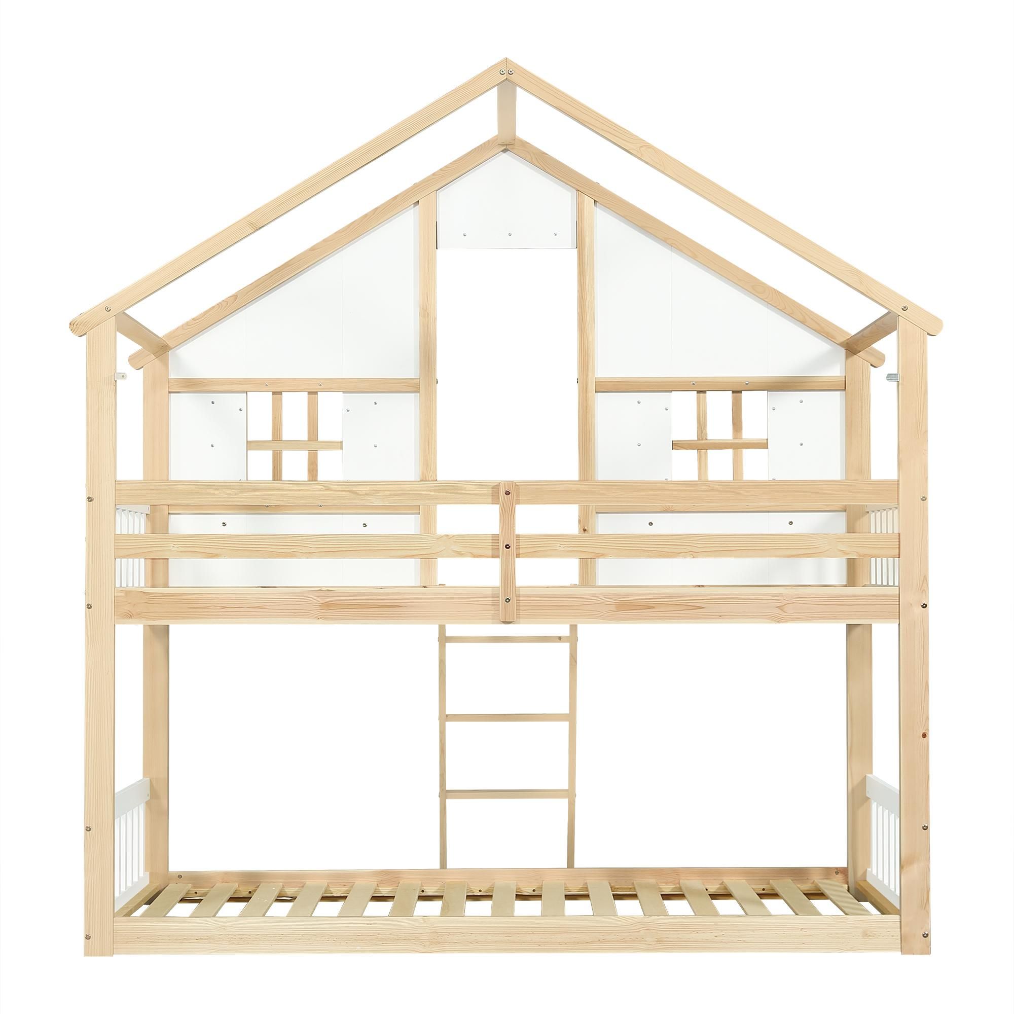 Flieks Etagenbett 90x200cm mit Leiter, Kinderbett Hausbett mit Fenster, Hochbett Stockbett Einzelbett mit Rausfallschutz und Lattenrost, Naturbelassen