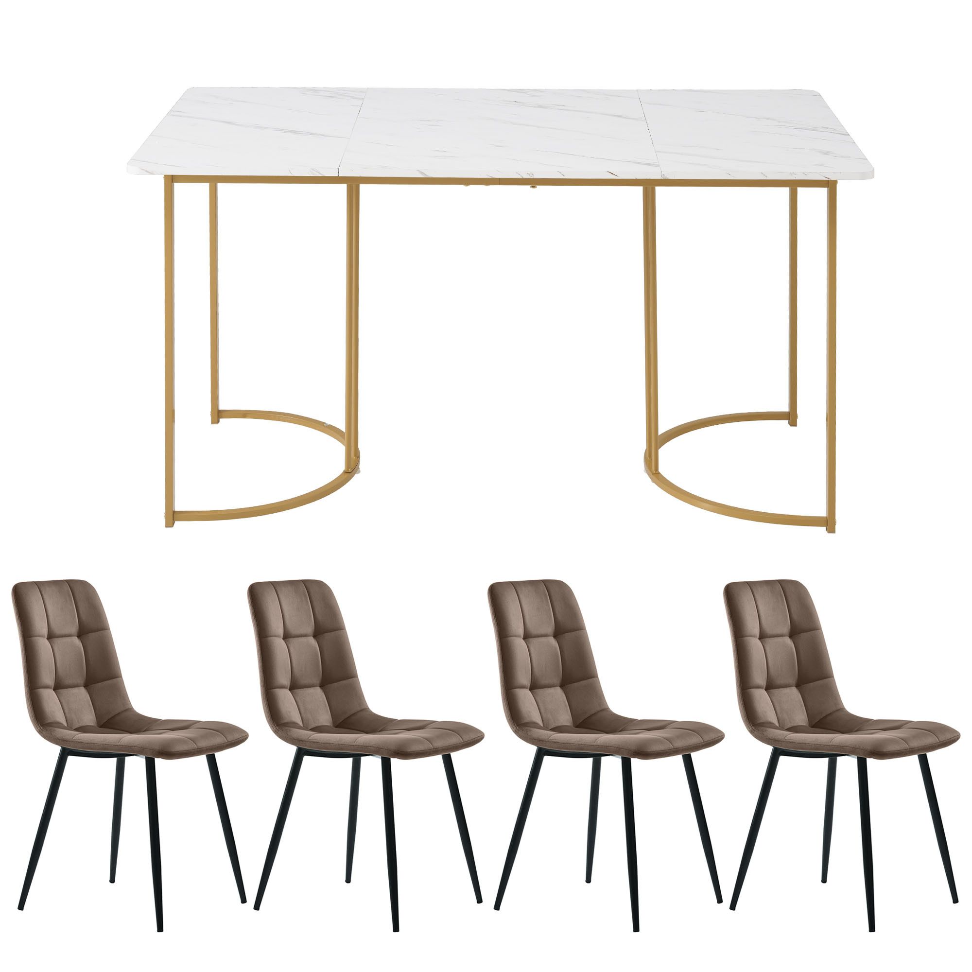 Flieks Essgruppe Esstisch mit 4 Esszimmerstuhl, Sitzgruppe Küchentischset 5tlg., Küchentisch mit 4 Esszimmerstuhl, Stuhl mit Samtbezug, Braun Gold