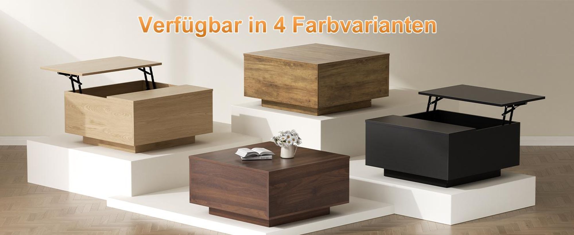 FABATO Couchtisch mit hochklappbarer Platte, quadratischer Couchtisch aus Holz mit Stauraum, Couchtische im Landhausstil mit verstecktem Staufach