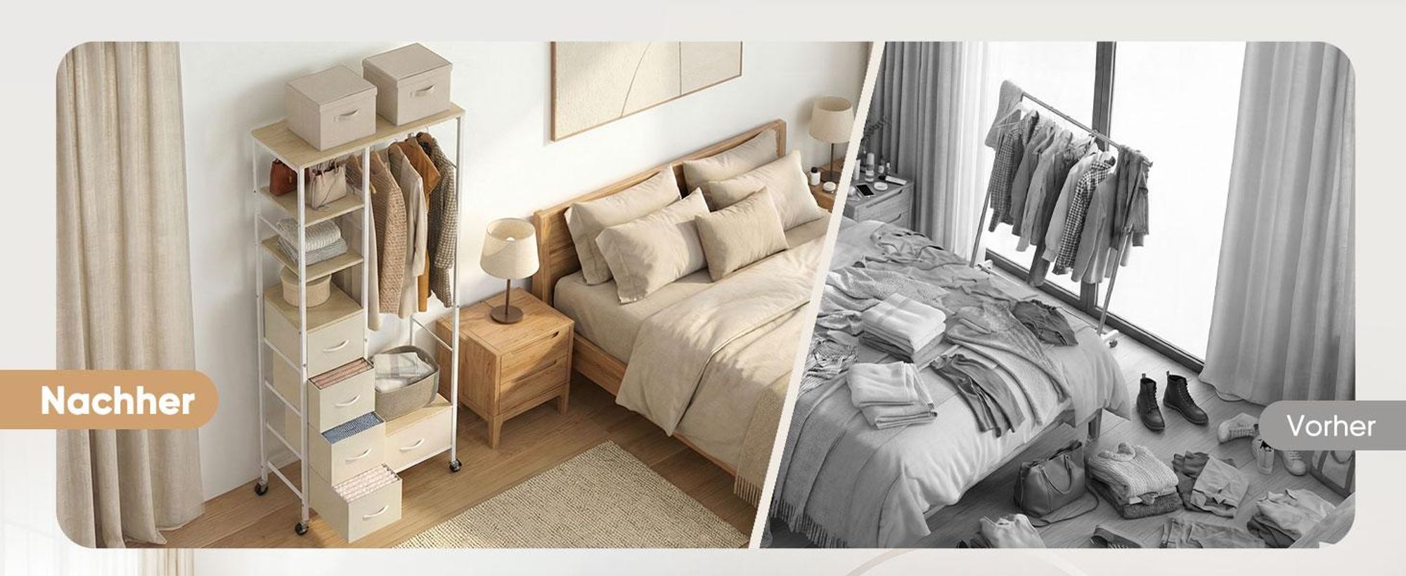 HOKEEPER Kleiderständer auf Rollen, fahrbarer Kleiderständer mit Schubladen, Kleiderstange, Jackenständer, Haken, offener Kleiderschrank, Beige