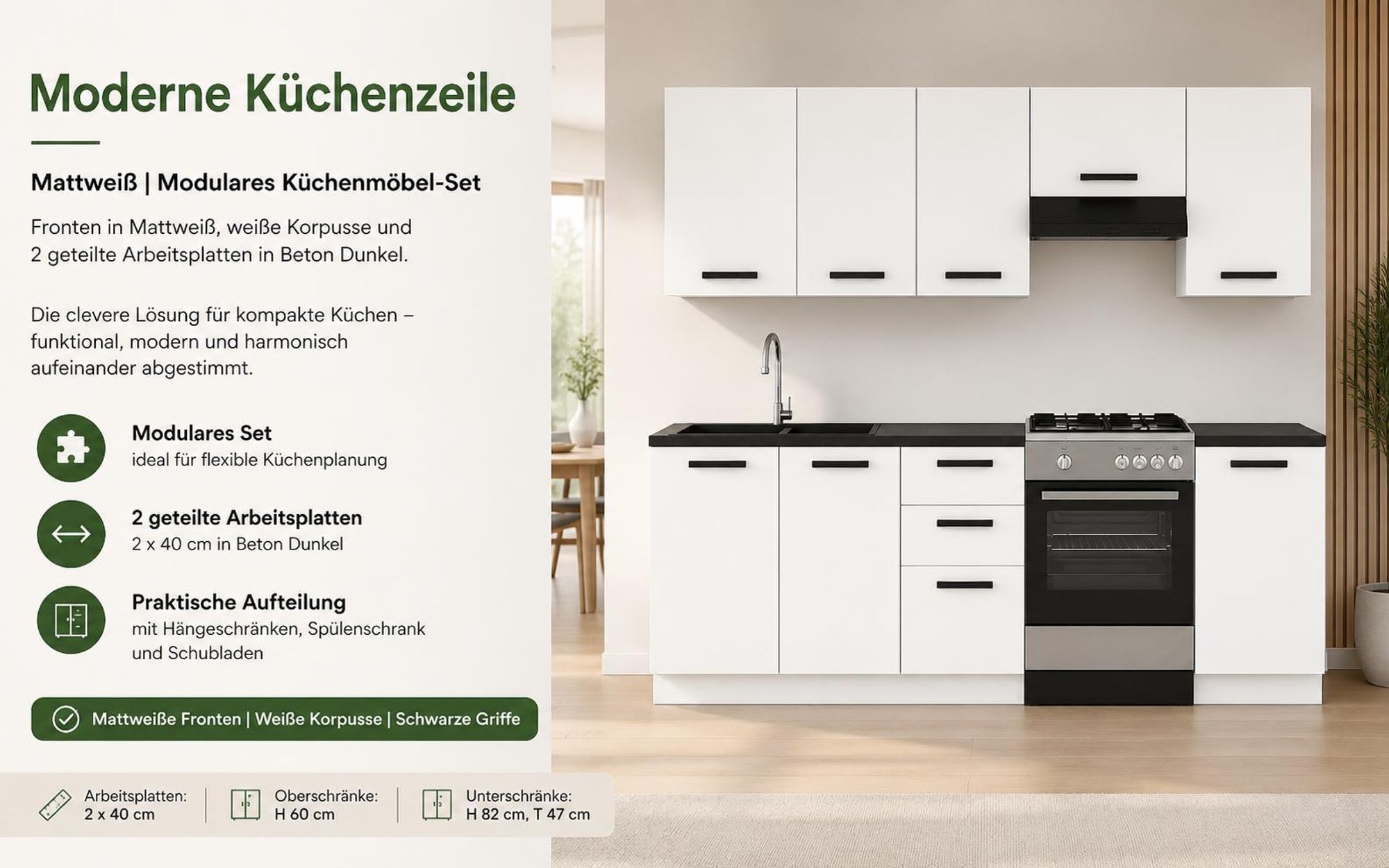 ULWEHOME Küchenzeile 220 cm in Mattweiß mit Schränken und zwei 40 cm Arbeitsplatten.