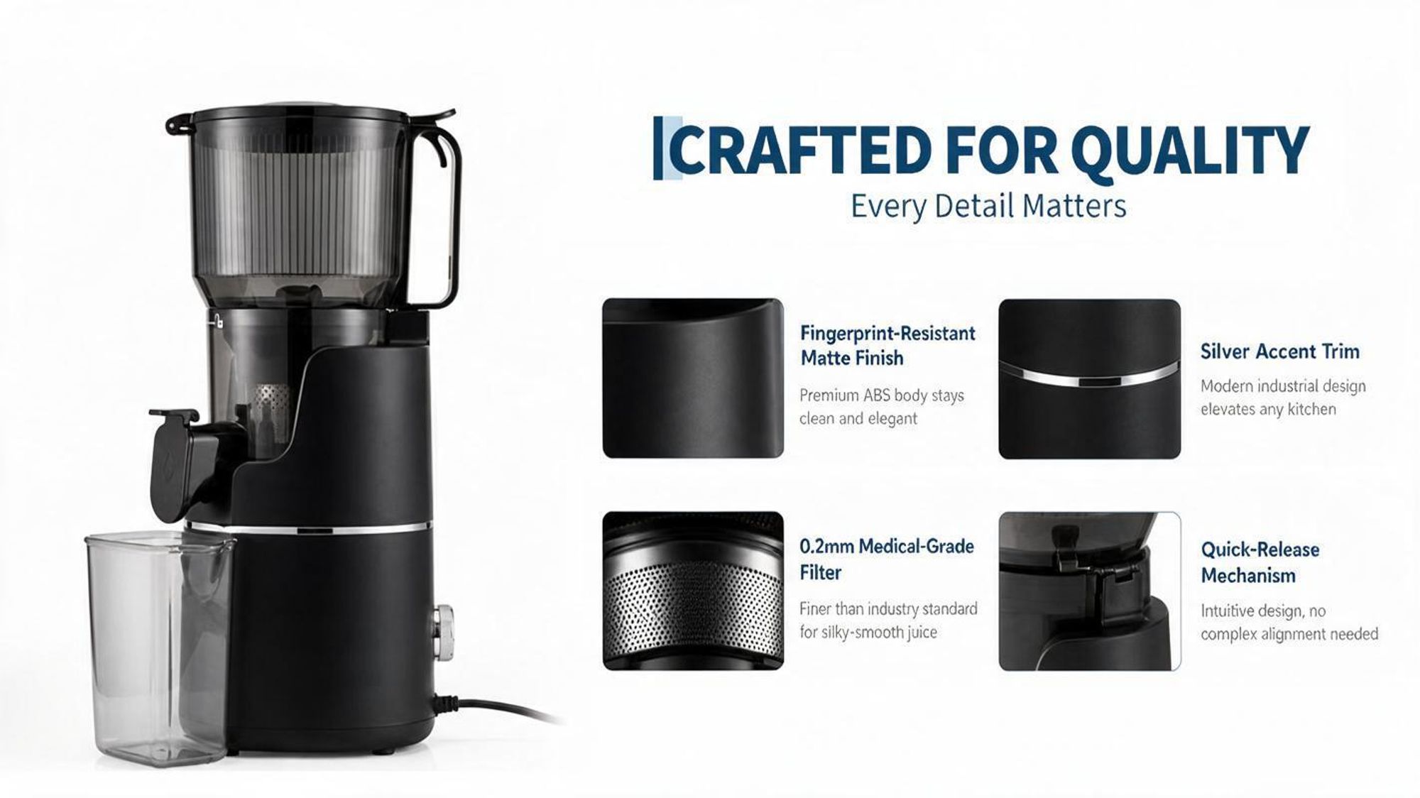 Entsafter 250W, 150MM Öffnung, 2,5L Entsafter für Gemüse und Obst, Entsafter Slow Juicer mit Dreifachem Filter, Leicht zu Reinige